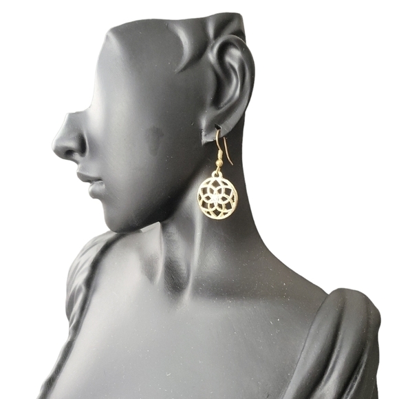 Goldtone Flower Knot Earrings Rhinestone Center - Picture 2 of 6